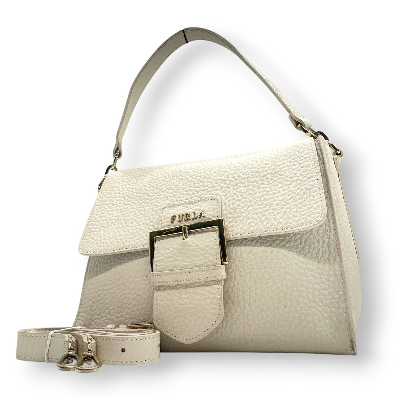 FURLA フルラ ハンドバッグ ショルダーバッグ 2WAY ワンショルダー 斜め掛け可 自立可 レザー 本革 アイボリー ゴールド金具 バックル フラップ式 レディース エレガント クラシック フォーマル ビジネス デイリーユース クリーニング済み s28