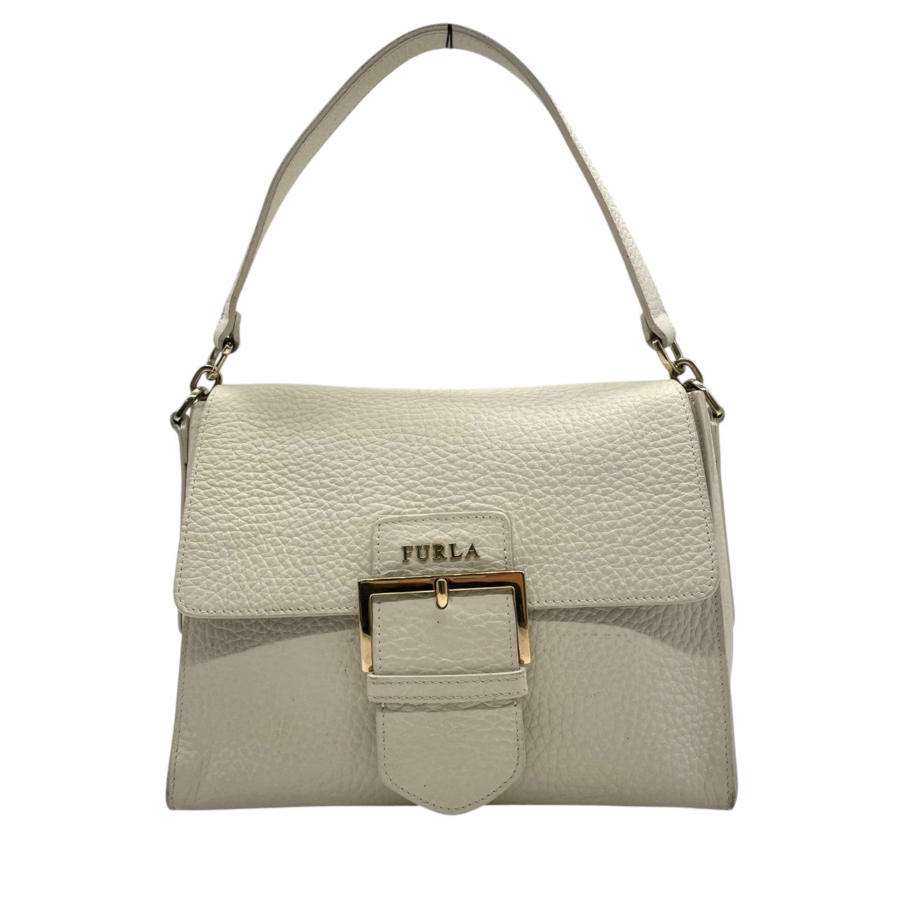 FURLA フルラ ハンドバッグ ショルダーバッグ 2WAY ワンショルダー 斜め掛け可 自立可 レザー 本革 アイボリー ゴールド金具 バックル フラップ式 レディース エレガント クラシック フォーマル ビジネス デイリーユース クリーニング済み s28