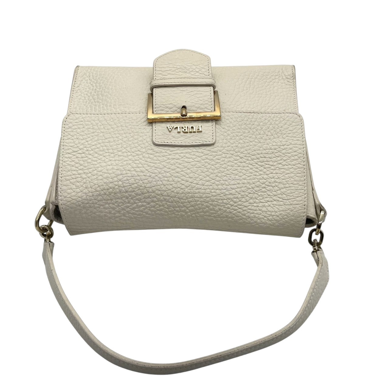 FURLA フルラ ハンドバッグ ショルダーバッグ 2WAY ワンショルダー 斜め掛け可 自立可 レザー 本革 アイボリー ゴールド金具 バックル フラップ式 レディース エレガント クラシック フォーマル ビジネス デイリーユース クリーニング済み s28