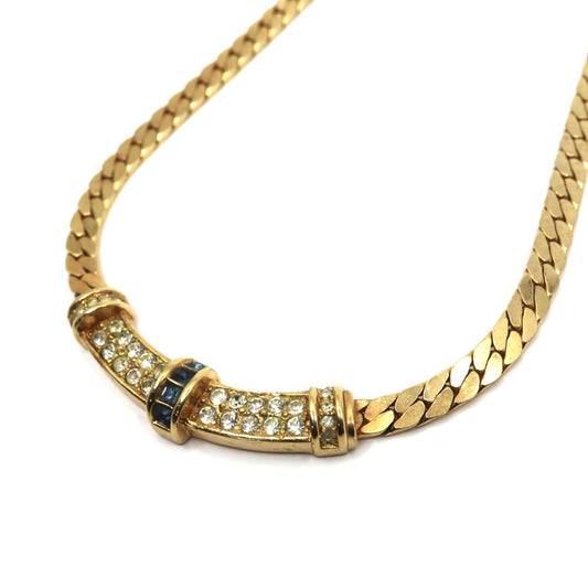 ディオール Dior ヴィンテージ ネックレス 金 ゴールド ラインストーン×ブルー クラシカル 喜平チェーン I2