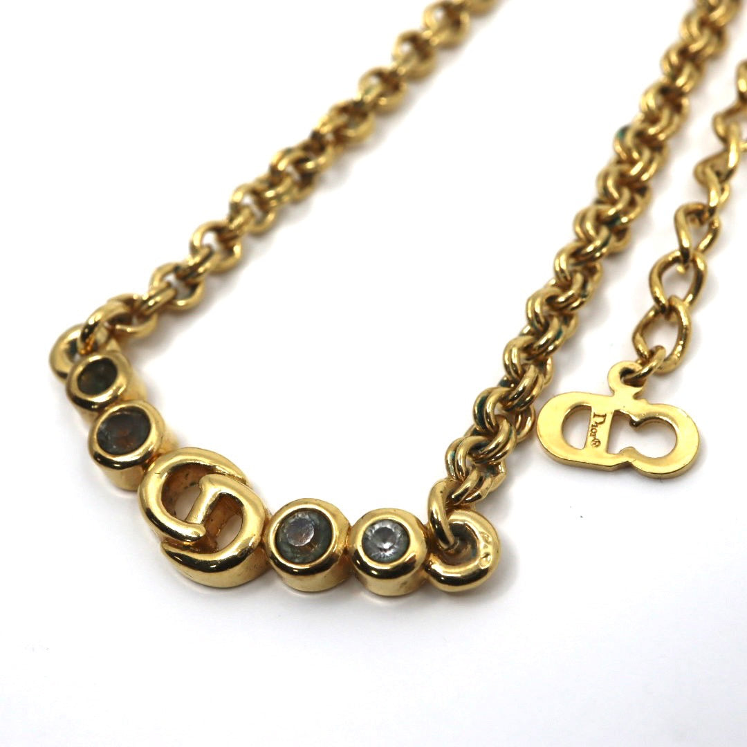 クリスチャンディオール Christian Dior ヴィンテージ ネックレス ペンダント 金 ゴールドカラー Dロゴ ラインストーン アクセサリー I2