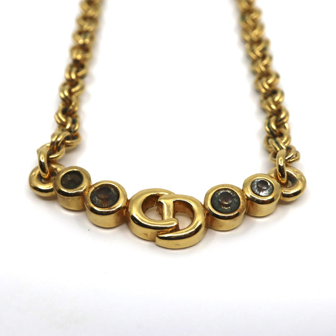 クリスチャンディオール Christian Dior ヴィンテージ ネックレス ペンダント 金 ゴールドカラー Dロゴ ラインストーン アクセサリー I2