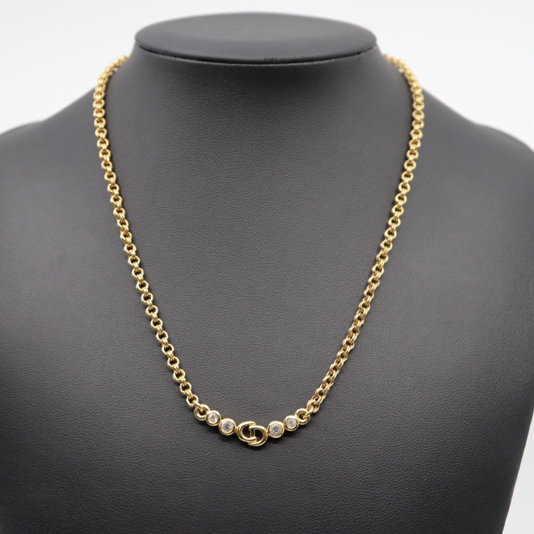 クリスチャンディオール Christian Dior ヴィンテージ ビンテージ ネックレス 金 ゴールドカラー Dロゴ ラインストーン アクセサリー I2