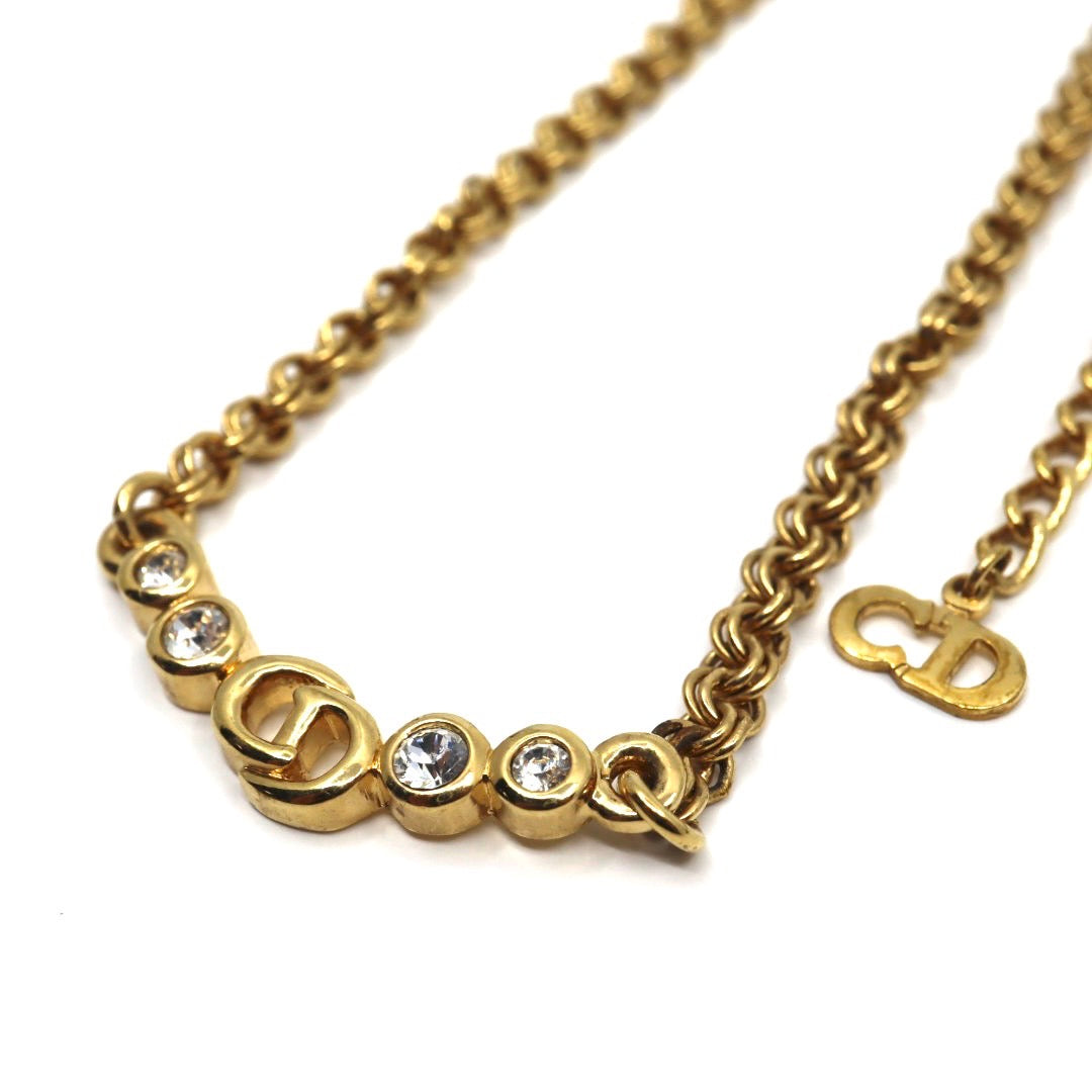 クリスチャンディオール Christian Dior ヴィンテージ ビンテージ ネックレス 金 ゴールドカラー Dロゴ ラインストーン アクセサリー I2
