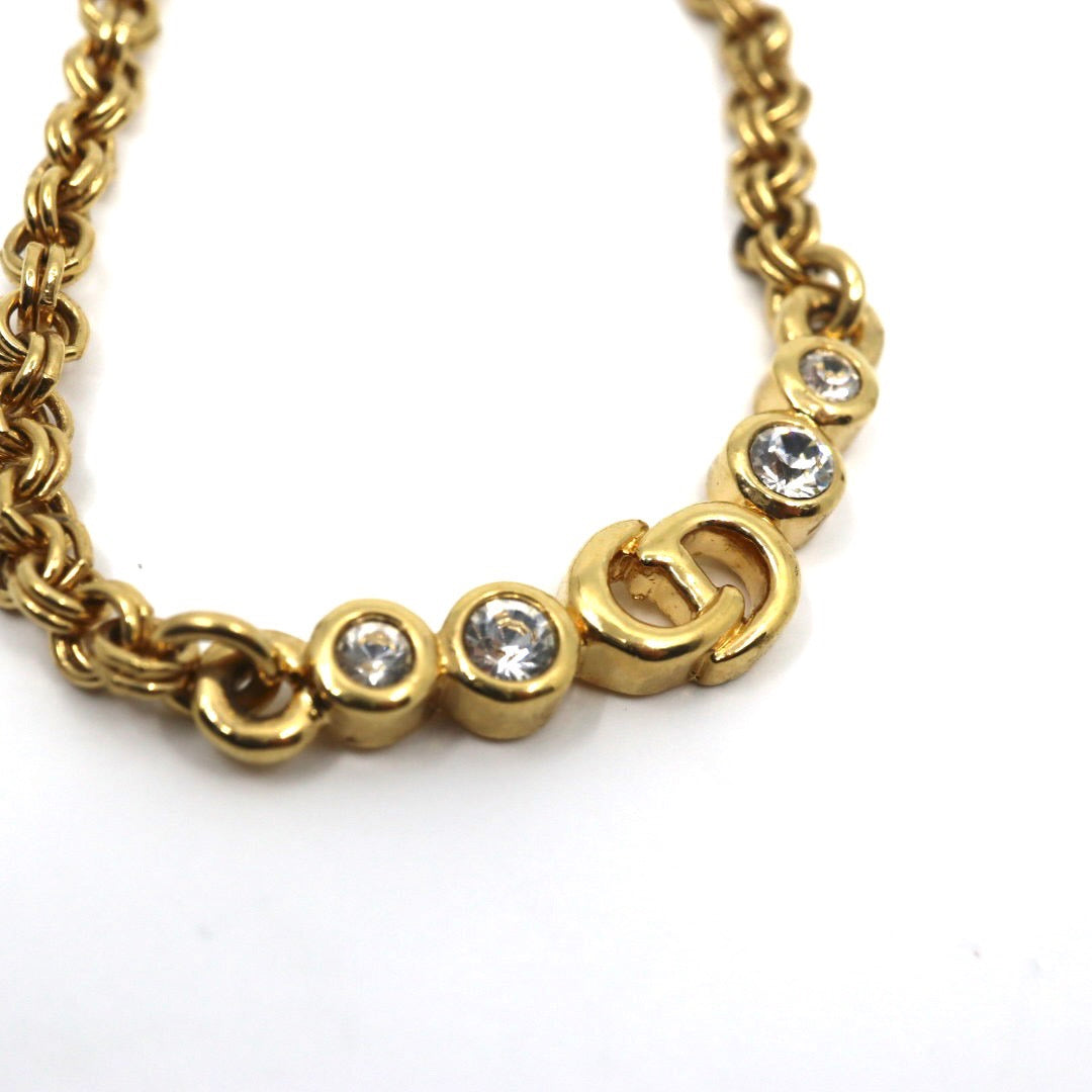クリスチャンディオール Christian Dior ヴィンテージ ビンテージ ネックレス 金 ゴールドカラー Dロゴ ラインストーン アクセサリー I2