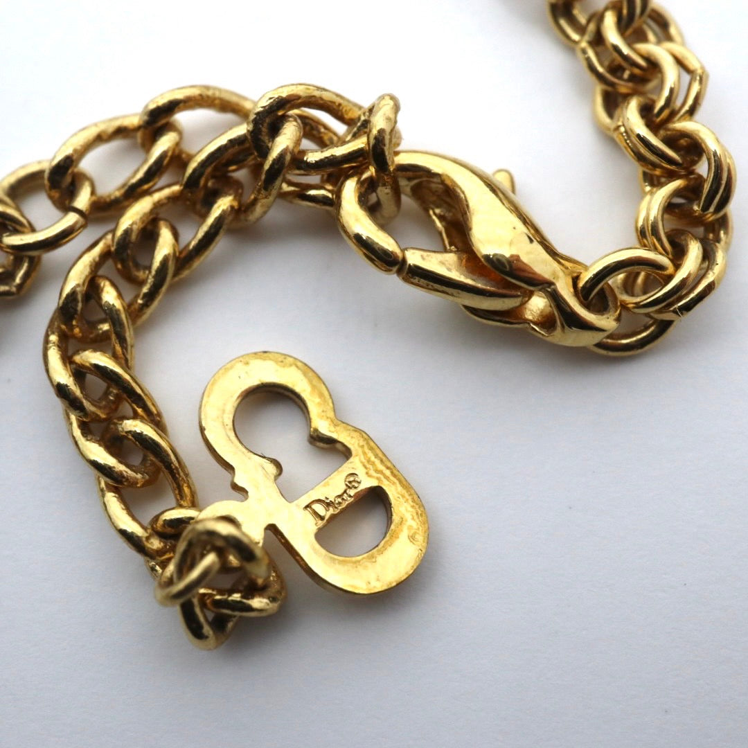 クリスチャンディオール Christian Dior ヴィンテージ ビンテージ ネックレス 金 ゴールドカラー Dロゴ ラインストーン アクセサリー I2