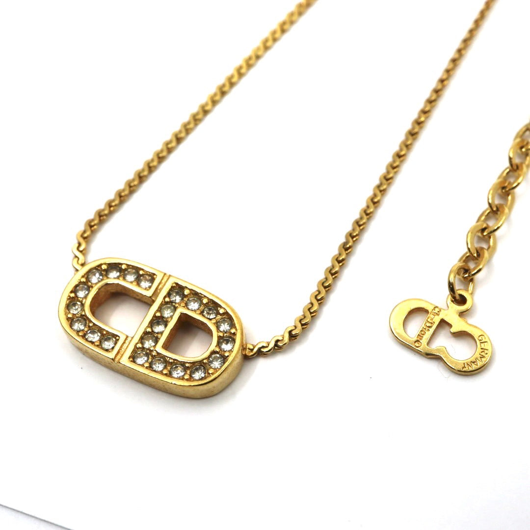 クリスチャンディオール Christian Dior ヴィンテージ ネックレス CDロゴ ラインストーン 金 ゴールドカラー アクセサリー I2