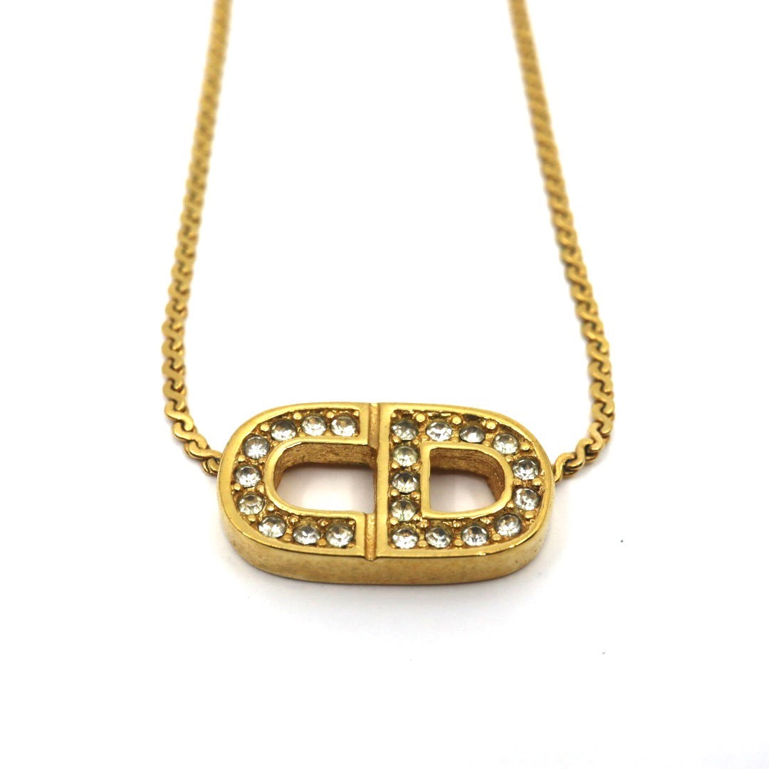 クリスチャンディオール Christian Dior ヴィンテージ ネックレス CDロゴ ラインストーン 金 ゴールドカラー アクセサリー I2