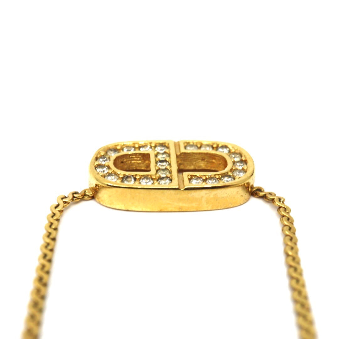 クリスチャンディオール Christian Dior ヴィンテージ ネックレス CDロゴ ラインストーン 金 ゴールドカラー アクセサリー I2