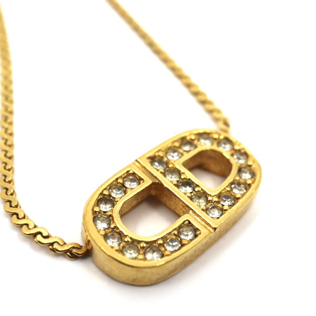 クリスチャンディオール Christian Dior ヴィンテージ ネックレス CDロゴ ラインストーン 金 ゴールドカラー アクセサリー I2