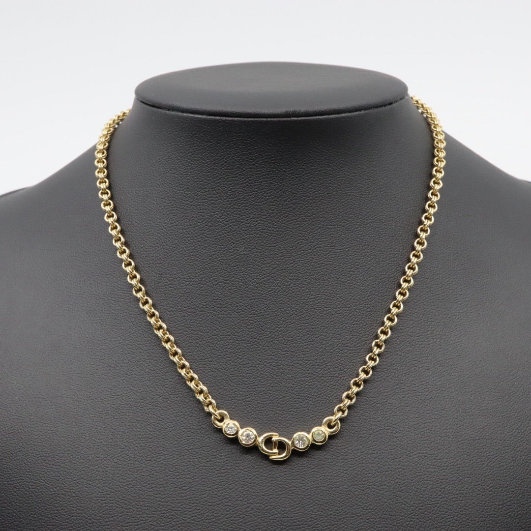 クリスチャンディオール Christian Dior ヴィンテージ ネックレス 金 ゴールドカラー Dロゴ ラインストーン アクセサリー I2