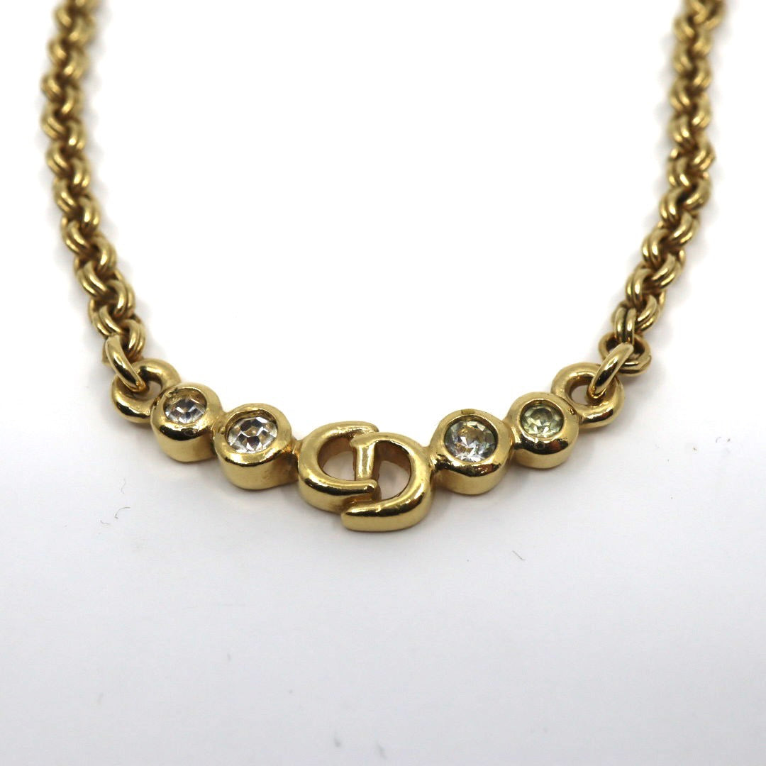クリスチャンディオール Christian Dior ヴィンテージ ネックレス 金 ゴールドカラー Dロゴ ラインストーン アクセサリー I2