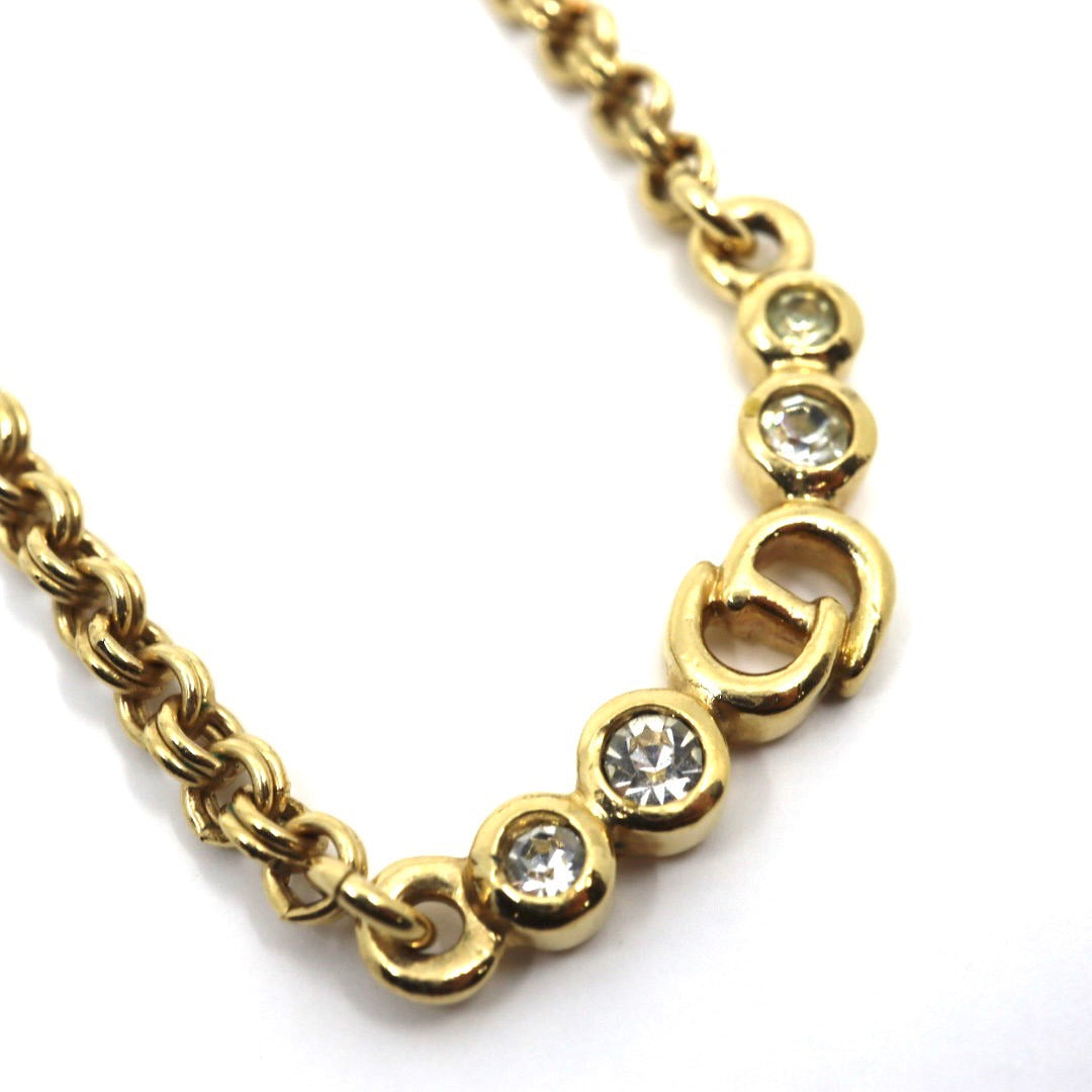 クリスチャンディオール Christian Dior ヴィンテージ ネックレス 金 ゴールドカラー Dロゴ ラインストーン アクセサリー I2