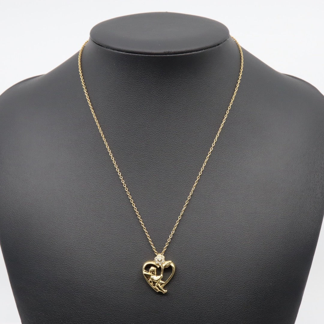 ジバンシィ GIVENCHY ヴィンテージ ネックレス ハート×エンジェル フラワー ラインストーン 金 ゴールドカラー I2