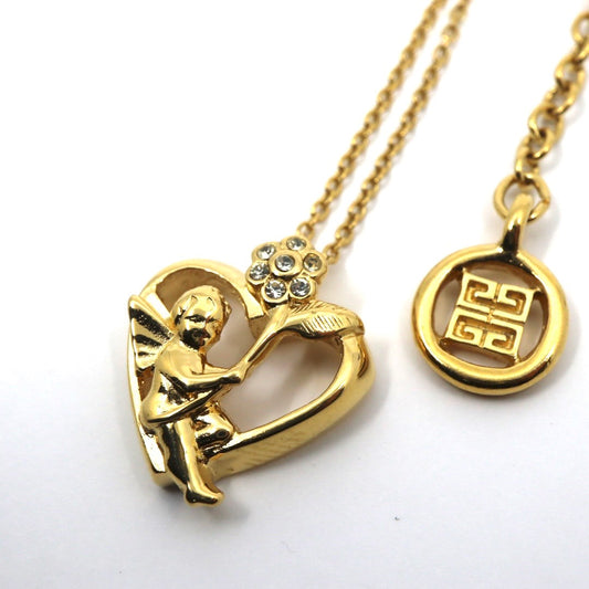 ジバンシィ GIVENCHY ヴィンテージ ネックレス ハート×エンジェル フラワー ラインストーン 金 ゴールドカラー I2