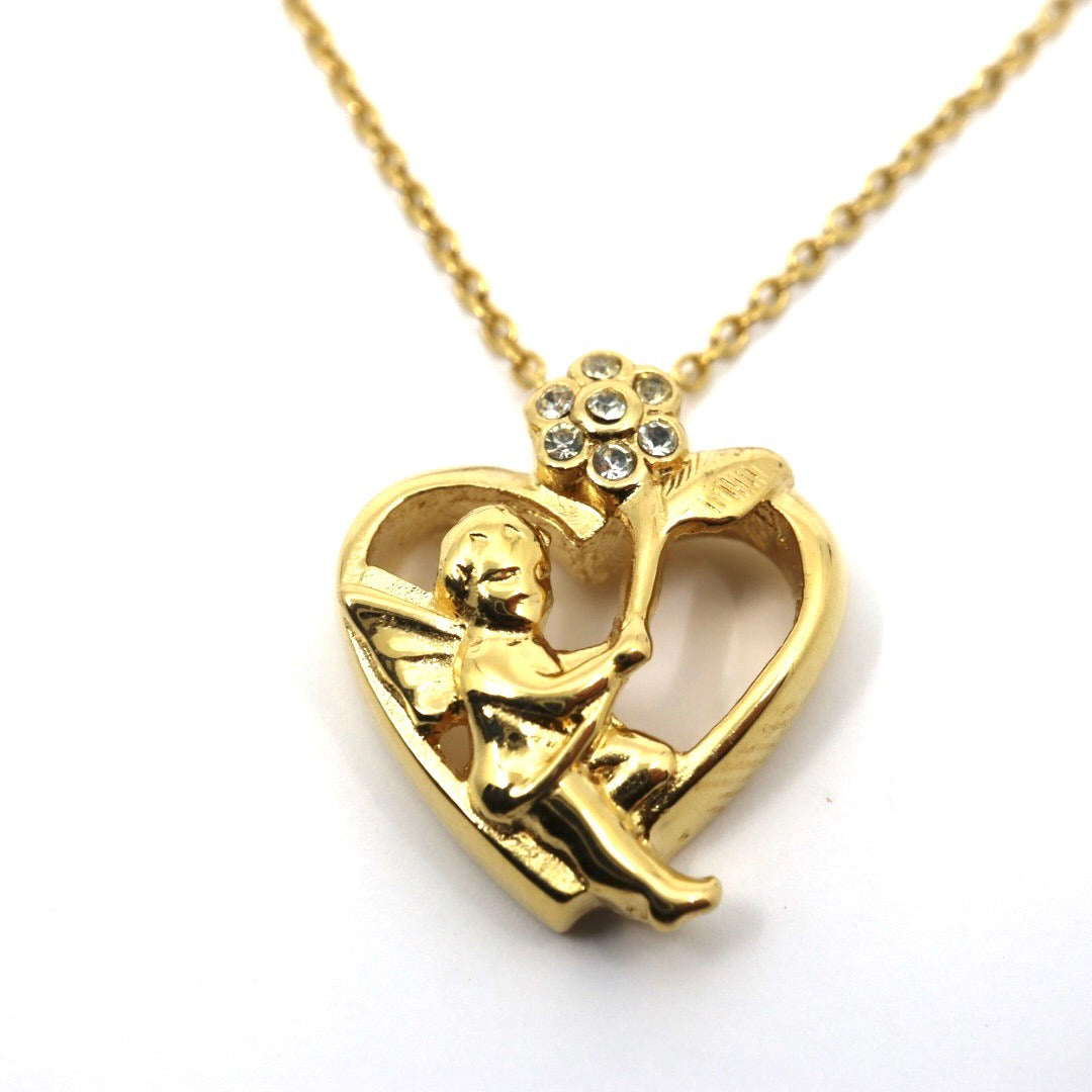 ジバンシィ GIVENCHY ヴィンテージ ネックレス ハート×エンジェル フラワー ラインストーン 金 ゴールドカラー I2