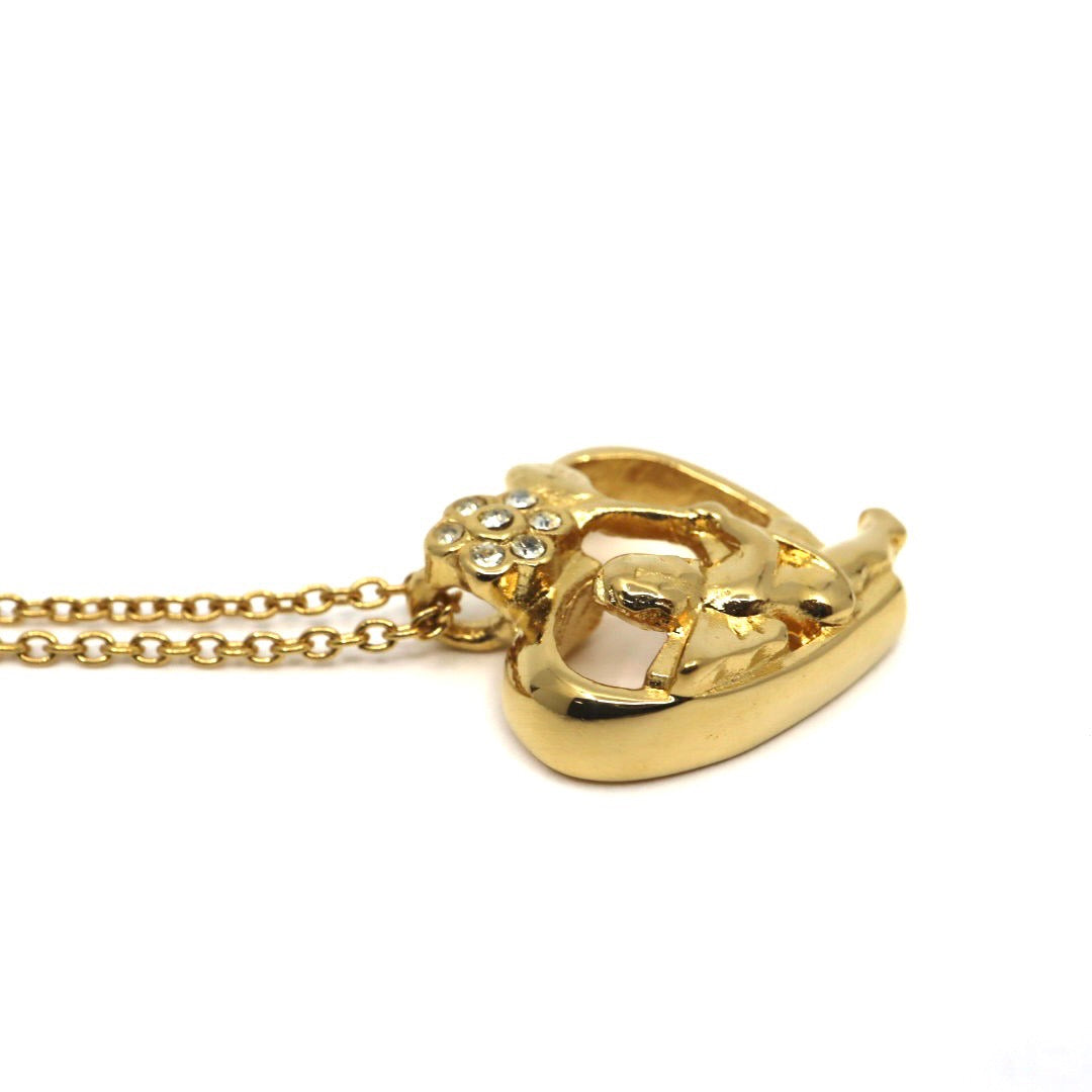 ジバンシィ GIVENCHY ヴィンテージ ネックレス ハート×エンジェル フラワー ラインストーン 金 ゴールドカラー I2