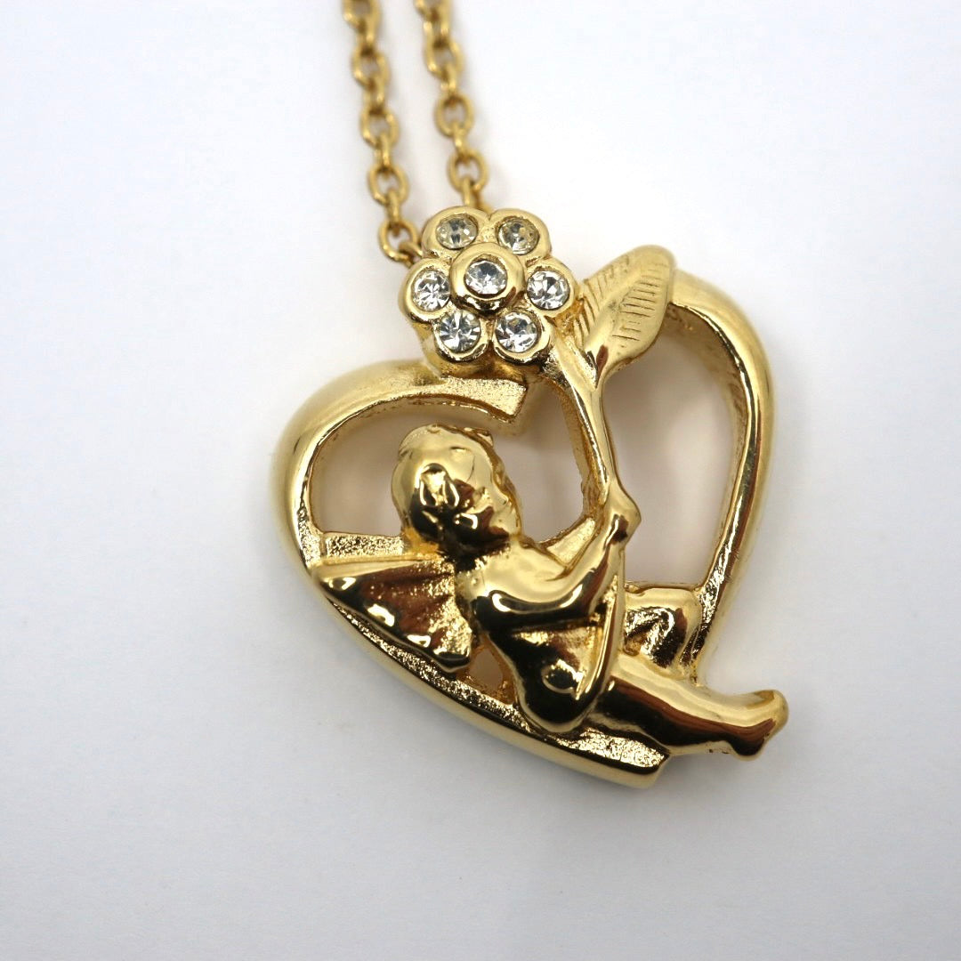 ジバンシィ GIVENCHY ヴィンテージ ネックレス ハート×エンジェル フラワー ラインストーン 金 ゴールドカラー I2