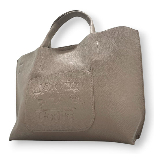 【美品】Vittorio Godi ヴィットリオゴーディ ハンドバッグ トートバッグ 本革 レザー シボ革 グレー グレージュ系 ワールドマップ ロゴ型押し レディース エレガント カジュアル デイリーユース 人気モデル クリーニング済み s95