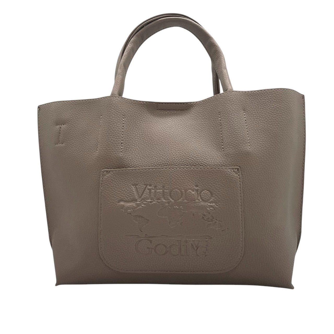 【美品】Vittorio Godi ヴィットリオゴーディ ハンドバッグ トートバッグ 本革 レザー シボ革 グレー グレージュ系 ワールドマップ ロゴ型押し レディース エレガント カジュアル デイリーユース 人気モデル クリーニング済み s95