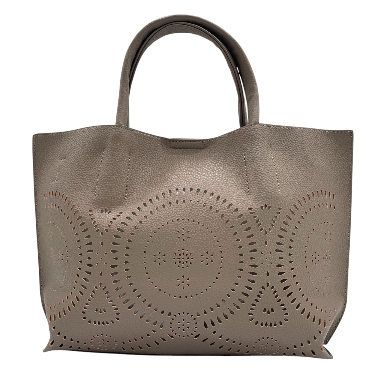 【美品】Vittorio Godi ヴィットリオゴーディ ハンドバッグ トートバッグ 本革 レザー シボ革 グレー グレージュ系 ワールドマップ ロゴ型押し レディース エレガント カジュアル デイリーユース 人気モデル クリーニング済み s95