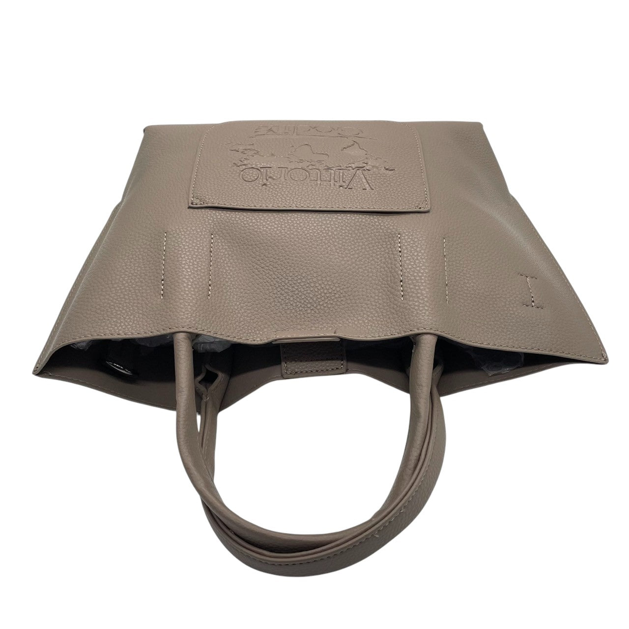 【美品】Vittorio Godi ヴィットリオゴーディ ハンドバッグ トートバッグ 本革 レザー シボ革 グレー グレージュ系 ワールドマップ ロゴ型押し レディース エレガント カジュアル デイリーユース 人気モデル クリーニング済み s95