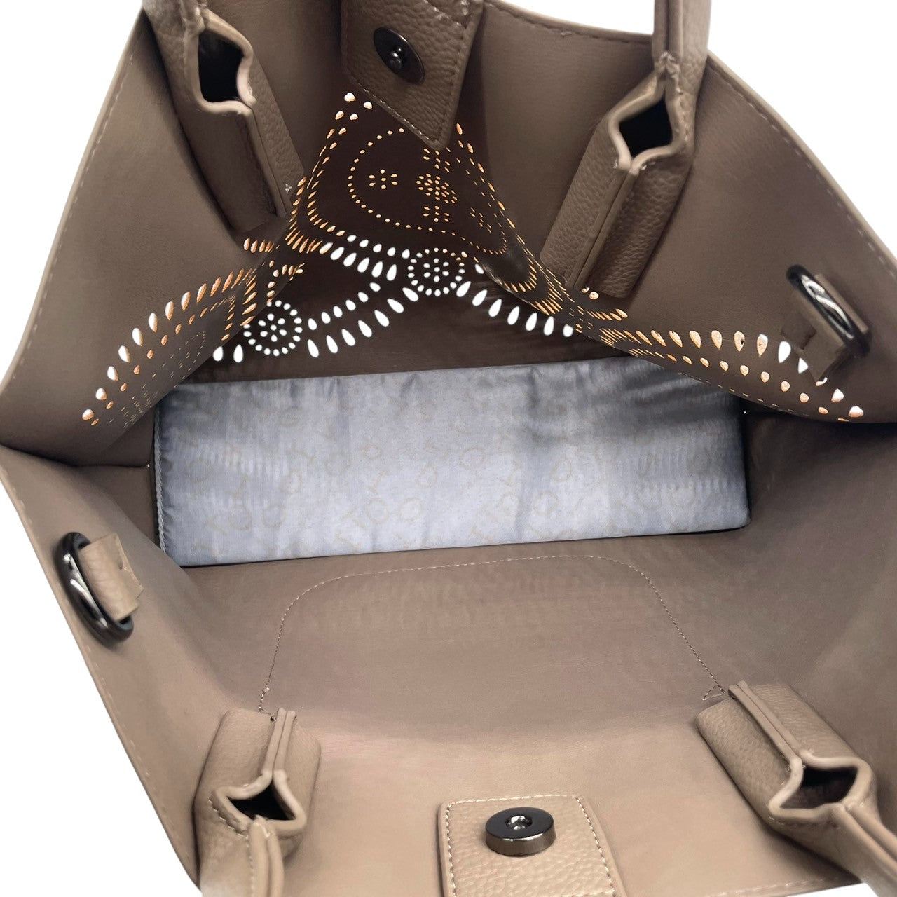 【美品】Vittorio Godi ヴィットリオゴーディ ハンドバッグ トートバッグ 本革 レザー シボ革 グレー グレージュ系 ワールドマップ ロゴ型押し レディース エレガント カジュアル デイリーユース 人気モデル クリーニング済み s95