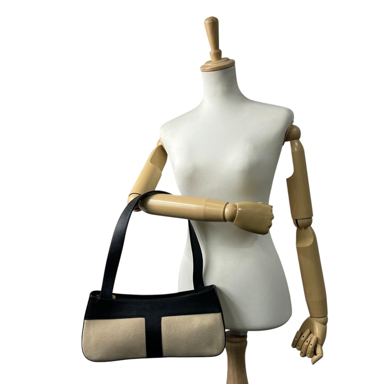 【美品】LE TANNEUR ルタヌア ショルダーバッグ ワンショルダー バゲットバッグ スエード レザー バイカラー T字デザイン ブラック ベージュ レディース エレガント クラシック フランスブランド クリーニング済み u3