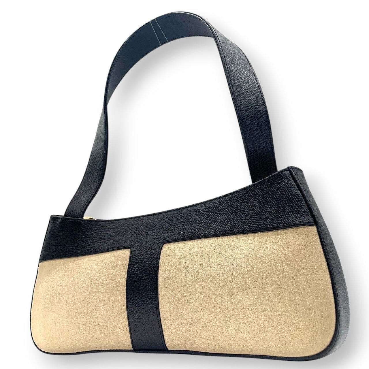 【美品】LE TANNEUR ルタヌア ショルダーバッグ ワンショルダー バゲットバッグ スエード レザー バイカラー T字デザイン ブラック ベージュ レディース エレガント クラシック フランスブランド クリーニング済み u3