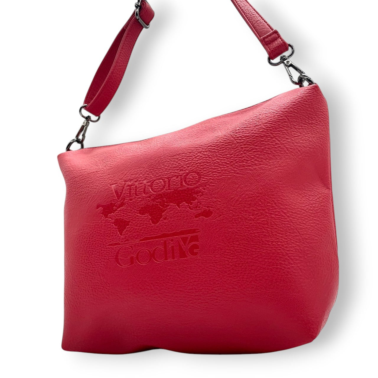 【美品】Vittorio Godi ヴィットリオゴーディ ショルダーバッグ ワンショルダー 斜め掛け可 クロスボディ 本革 レザー シボ革 レッド 赤 ワールドマップ ロゴ型押し レディース カジュアル エレガント クリーニング済み u3