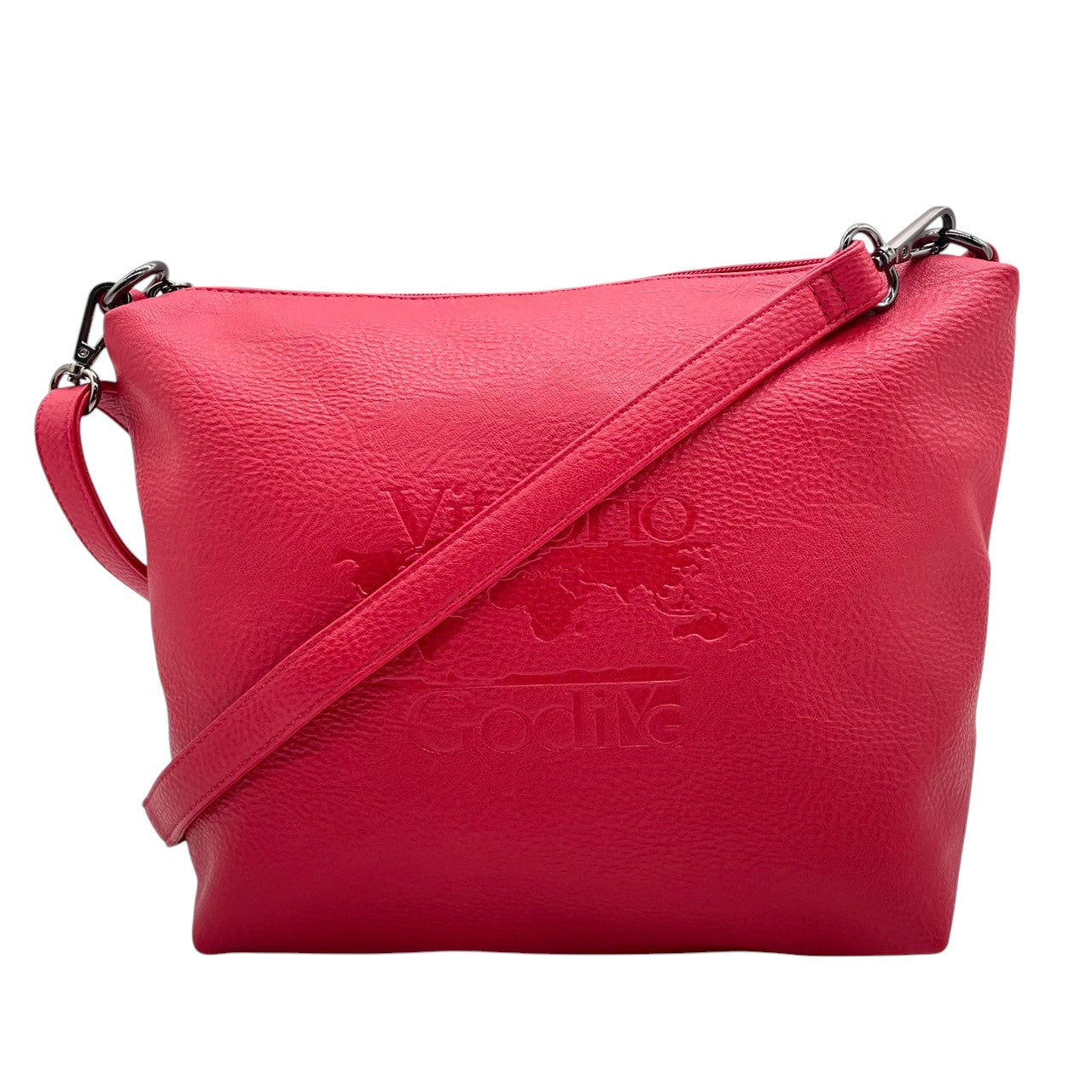 【美品】Vittorio Godi ヴィットリオゴーディ ショルダーバッグ ワンショルダー 斜め掛け可 クロスボディ 本革 レザー シボ革 レッド 赤 ワールドマップ ロゴ型押し レディース カジュアル エレガント クリーニング済み u3