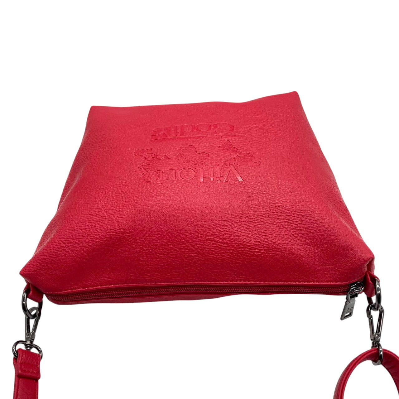 【美品】Vittorio Godi ヴィットリオゴーディ ショルダーバッグ ワンショルダー 斜め掛け可 クロスボディ 本革 レザー シボ革 レッド 赤 ワールドマップ ロゴ型押し レディース カジュアル エレガント クリーニング済み u3