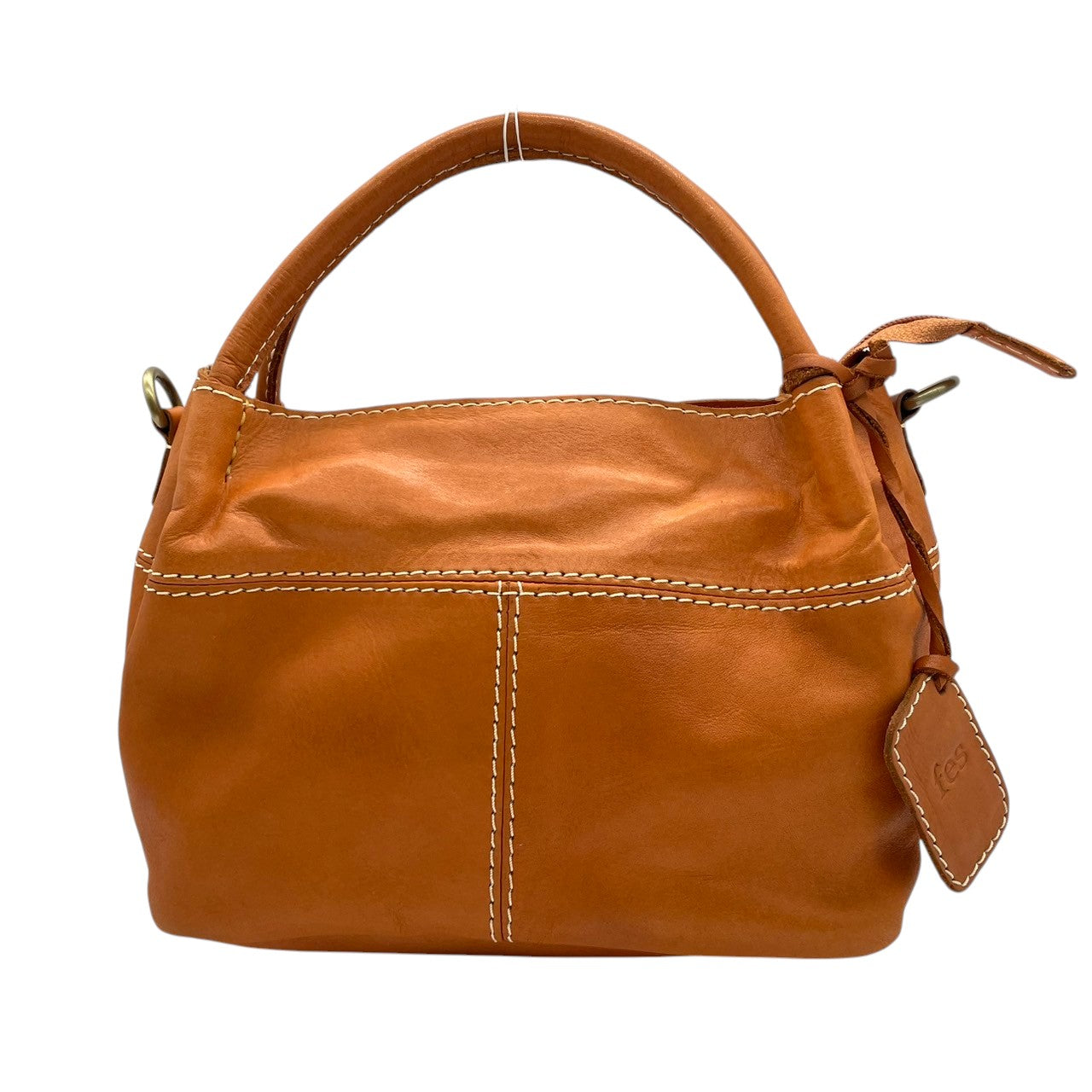 【美品】fes フェス 2WAY ハンドバッグ ショルダーバッグ 斜め掛け可 本革 レザー ブラウン キャメル系 ステッチデザイン チャーム付き レディース ナチュラル カジュアル 人気モデル クリーニング済み u3