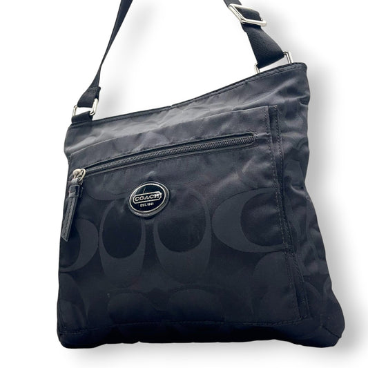 【COACH】コーチ ショルダーバッグ F77408 クロスボディ 斜め掛け可 シグネチャー オプアート キャンバス ナイロン ブラック 黒 軽量 カジュアル レディース メンズ ユニセックス 人気モデル クリーニング済み u3