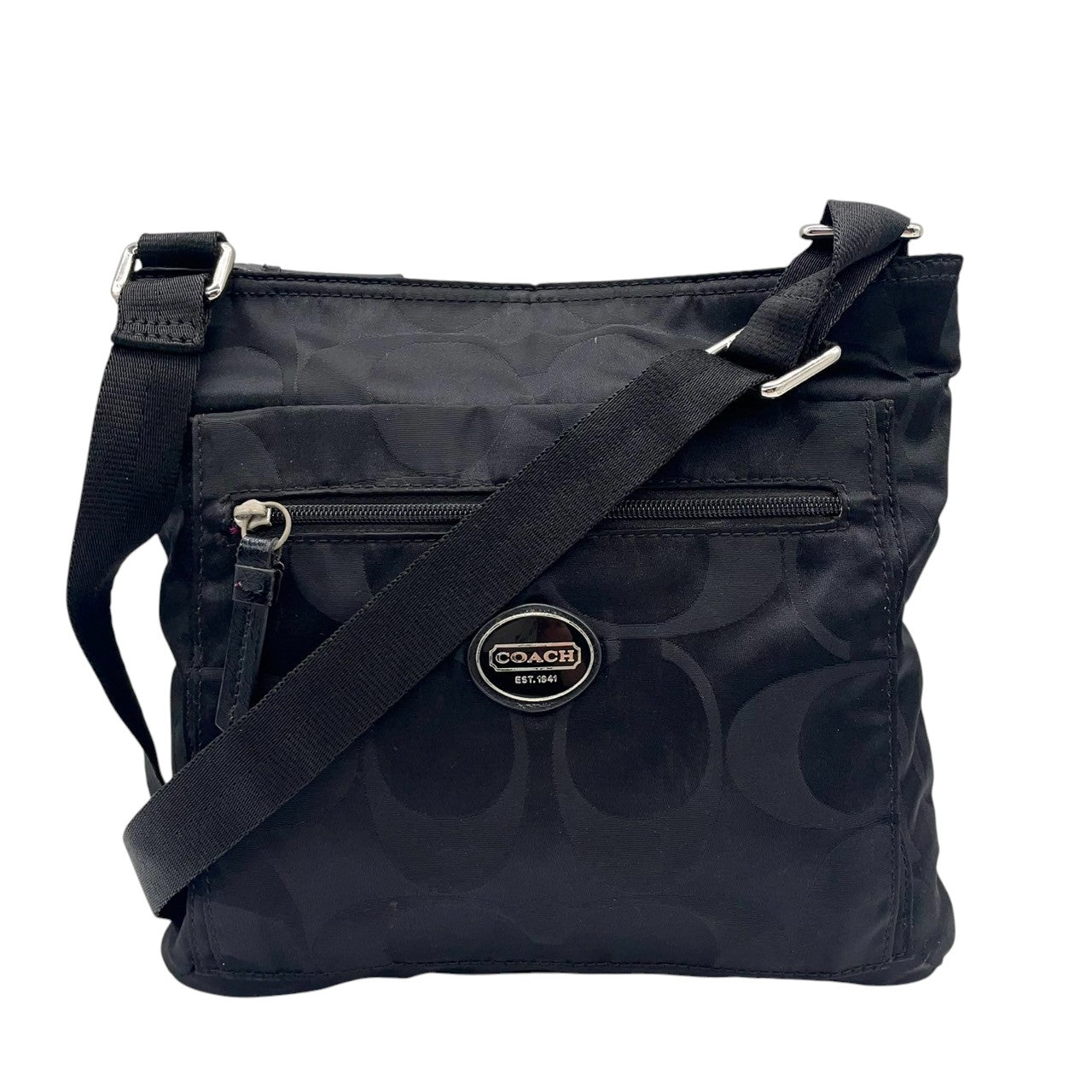 【COACH】コーチ ショルダーバッグ F77408 クロスボディ 斜め掛け可 シグネチャー オプアート キャンバス ナイロン ブラック 黒 軽量 カジュアル レディース メンズ ユニセックス 人気モデル クリーニング済み u3