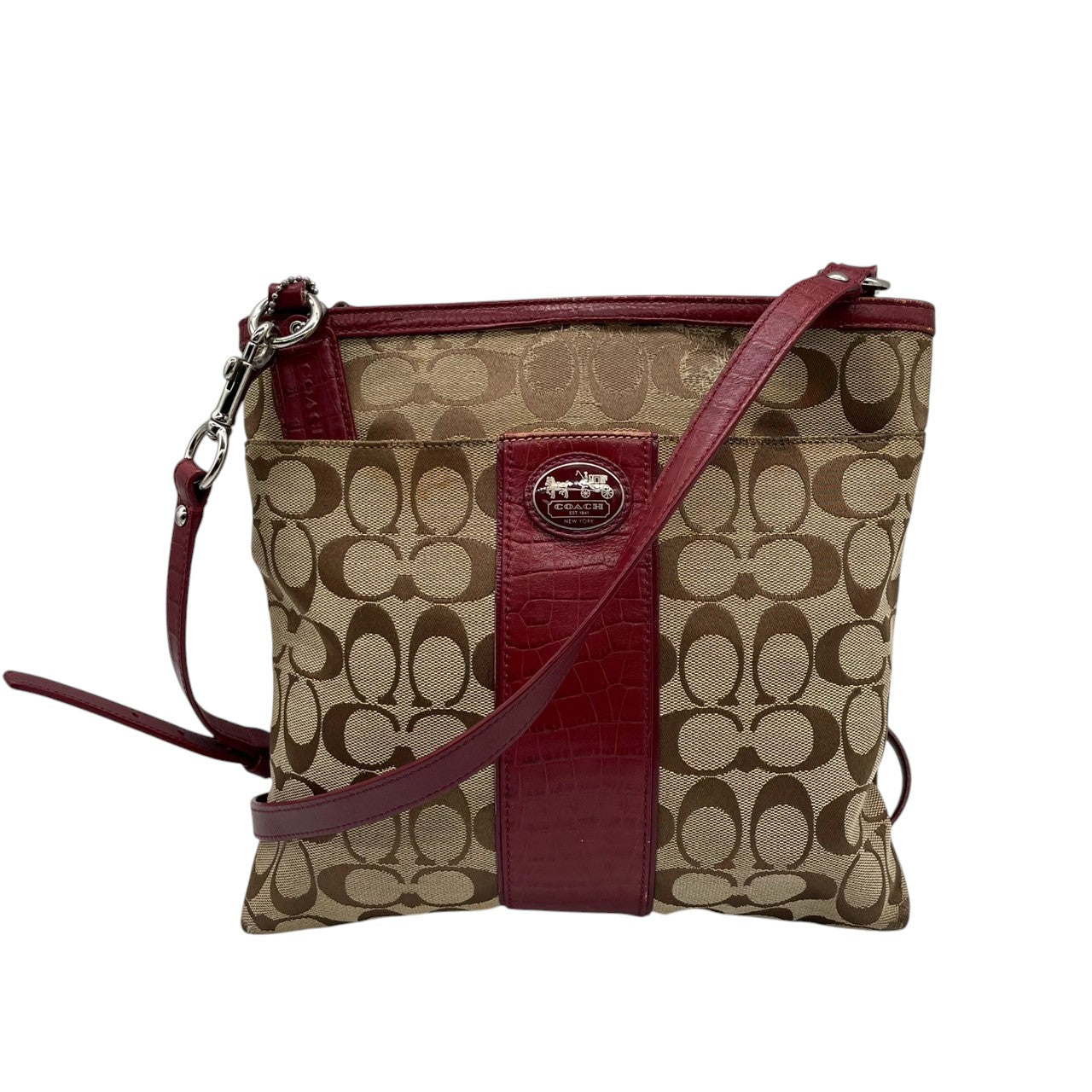 【COACH】コーチ ショルダーバッグ クロスボディ 斜め掛け可 シグネチャー キャンバス 型押しレザー切替 ベージュ ワインレッド系 レディース エレガント カジュアル 通勤通学 デイリーユース 定番人気モデル クリーニング済み u12