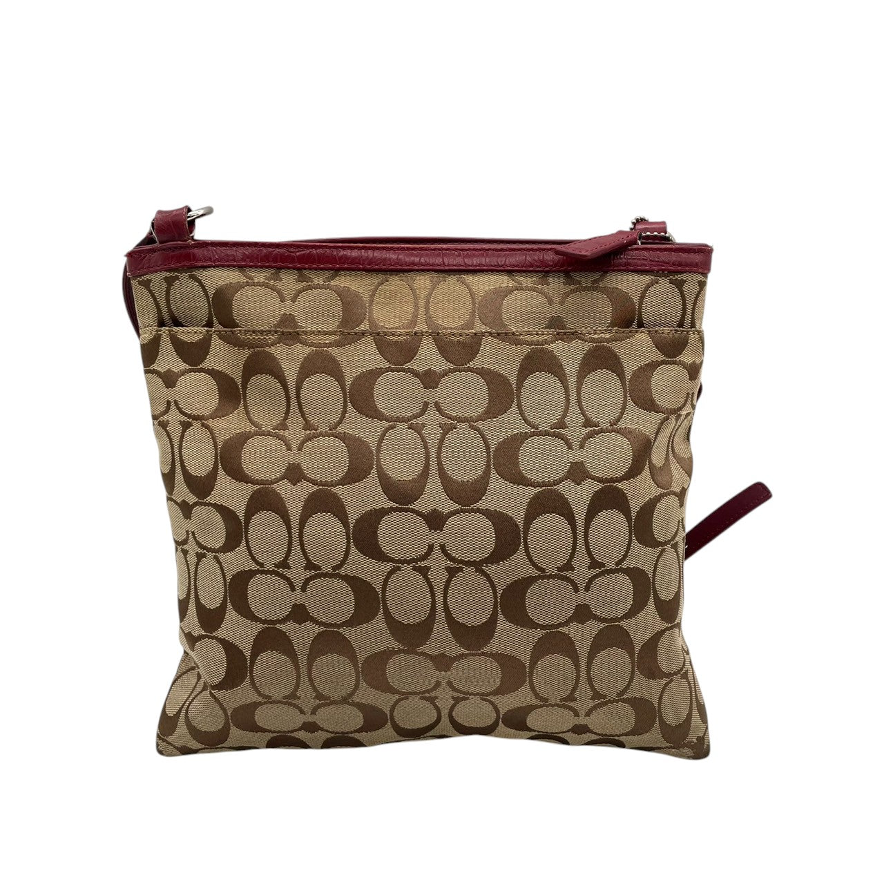 【COACH】コーチ ショルダーバッグ クロスボディ 斜め掛け可 シグネチャー キャンバス 型押しレザー切替 ベージュ ワインレッド系 レディース エレガント カジュアル 通勤通学 デイリーユース 定番人気モデル クリーニング済み u12