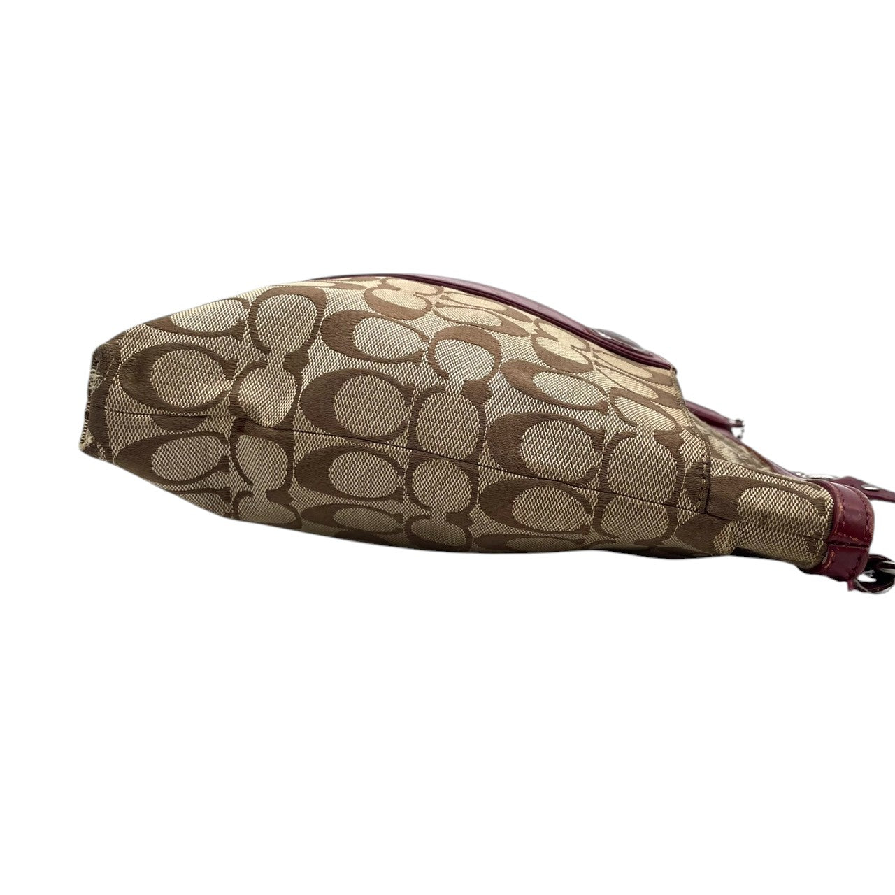 【COACH】コーチ ショルダーバッグ クロスボディ 斜め掛け可 シグネチャー キャンバス 型押しレザー切替 ベージュ ワインレッド系 レディース エレガント カジュアル 通勤通学 デイリーユース 定番人気モデル クリーニング済み u12