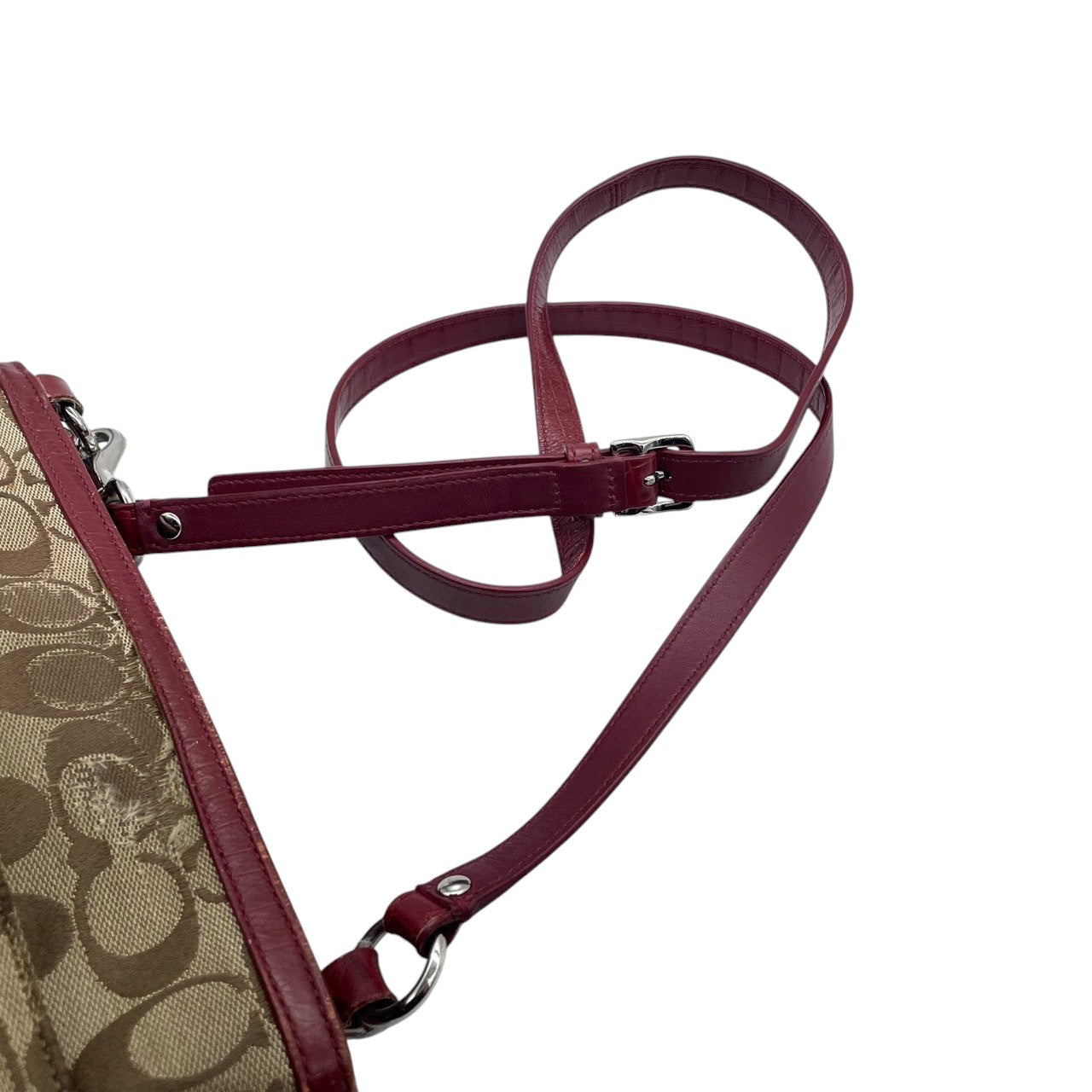 【COACH】コーチ ショルダーバッグ クロスボディ 斜め掛け可 シグネチャー キャンバス 型押しレザー切替 ベージュ ワインレッド系 レディース エレガント カジュアル 通勤通学 デイリーユース 定番人気モデル クリーニング済み u12