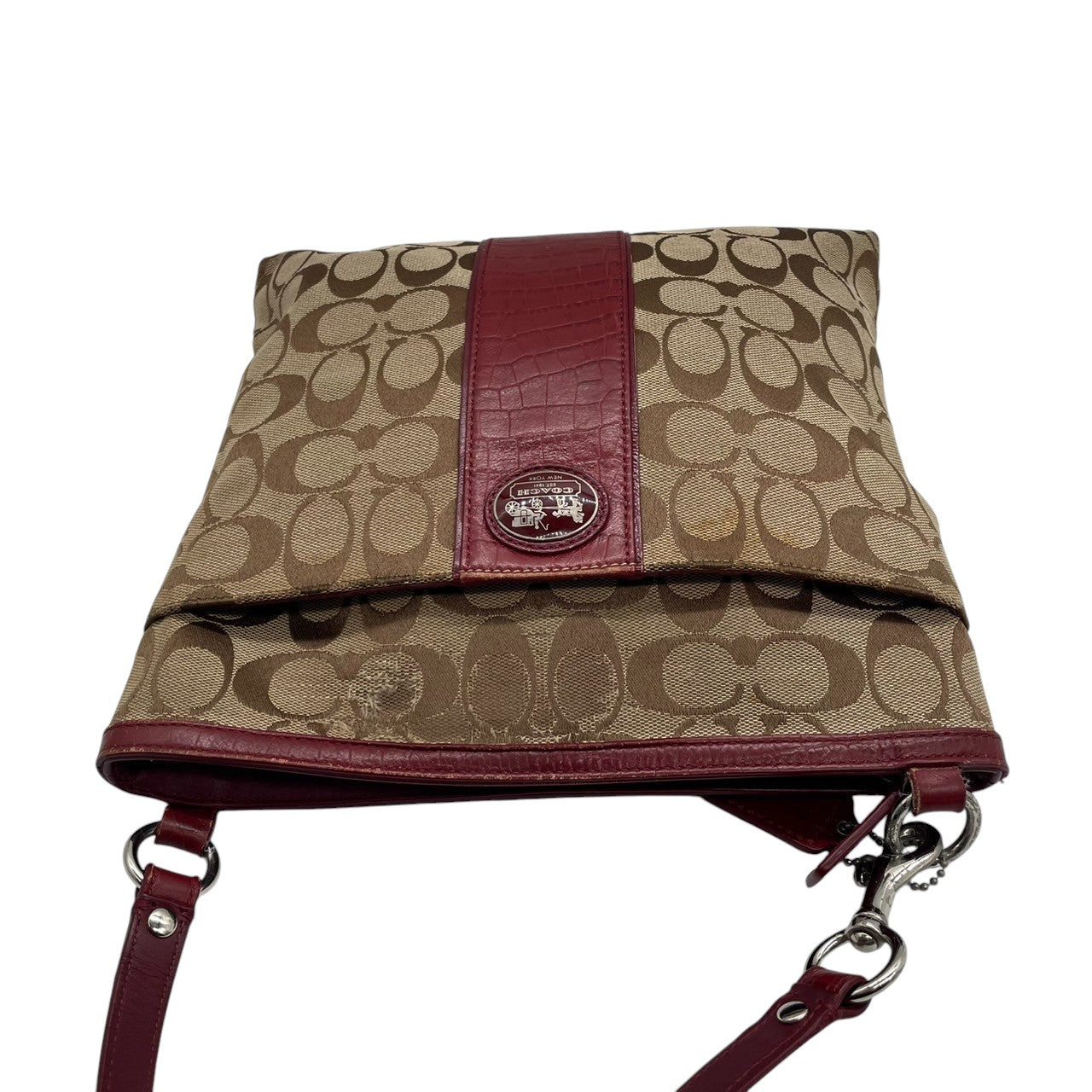 【COACH】コーチ ショルダーバッグ クロスボディ 斜め掛け可 シグネチャー キャンバス 型押しレザー切替 ベージュ ワインレッド系 レディース エレガント カジュアル 通勤通学 デイリーユース 定番人気モデル クリーニング済み u12