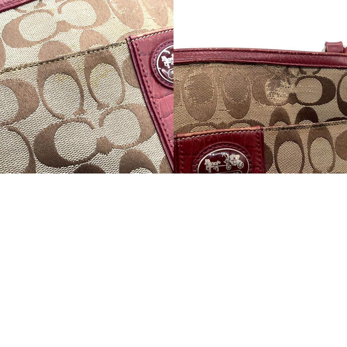 【COACH】コーチ ショルダーバッグ クロスボディ 斜め掛け可 シグネチャー キャンバス 型押しレザー切替 ベージュ ワインレッド系 レディース エレガント カジュアル 通勤通学 デイリーユース 定番人気モデル クリーニング済み u12