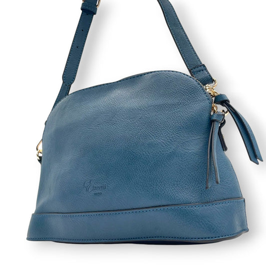 【美品】Forces フォース ショルダーバッグ クロスボディ 斜め掛け可 本革 レザー ネイビー ブルー系 ゴールド金具 ロゴ型押し タッセルチャーム レディース エレガント カジュアル デイリーユース 人気モデル クリーニング済み u12