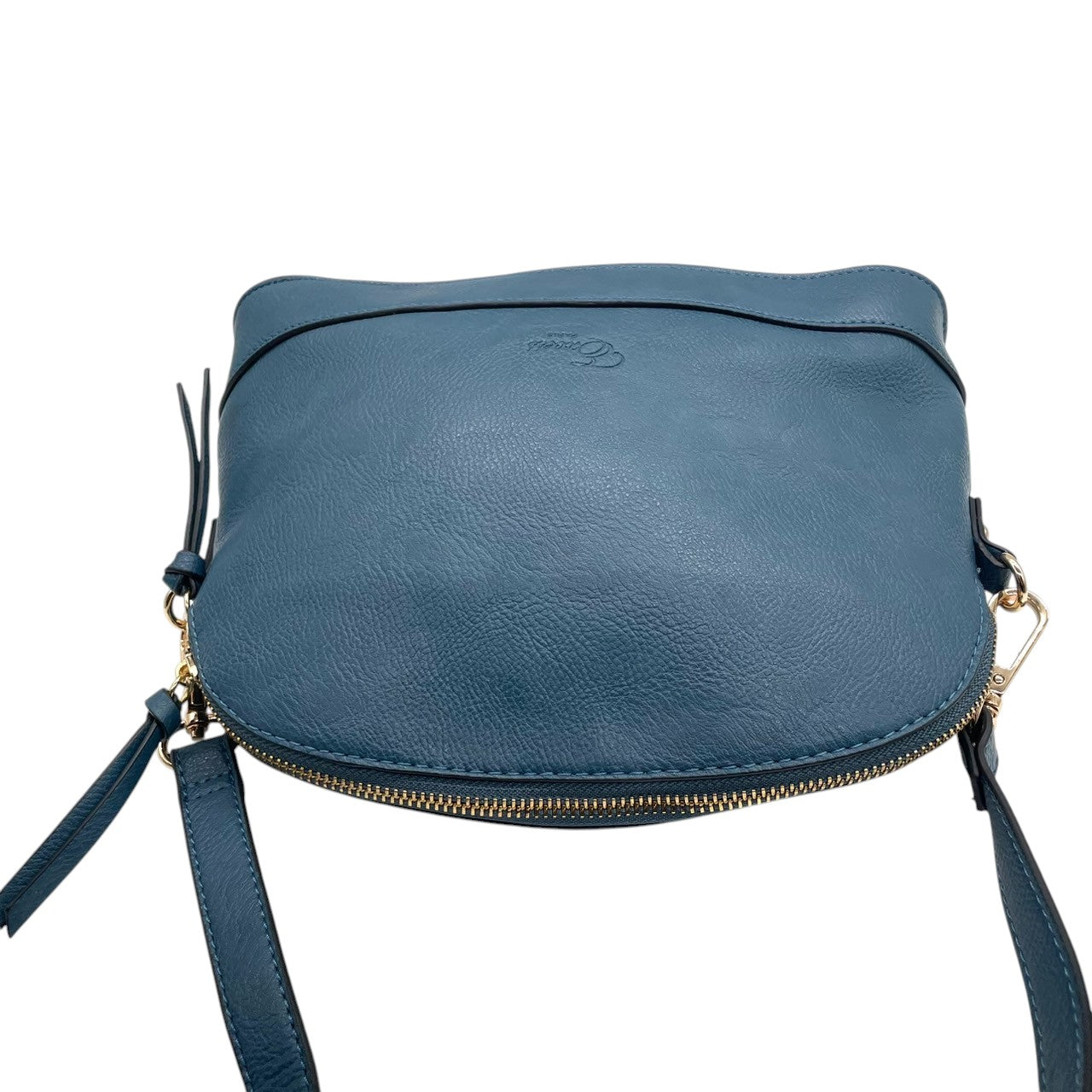 【美品】Forces フォース ショルダーバッグ クロスボディ 斜め掛け可 本革 レザー ネイビー ブルー系 ゴールド金具 ロゴ型押し タッセルチャーム レディース エレガント カジュアル デイリーユース 人気モデル クリーニング済み u12