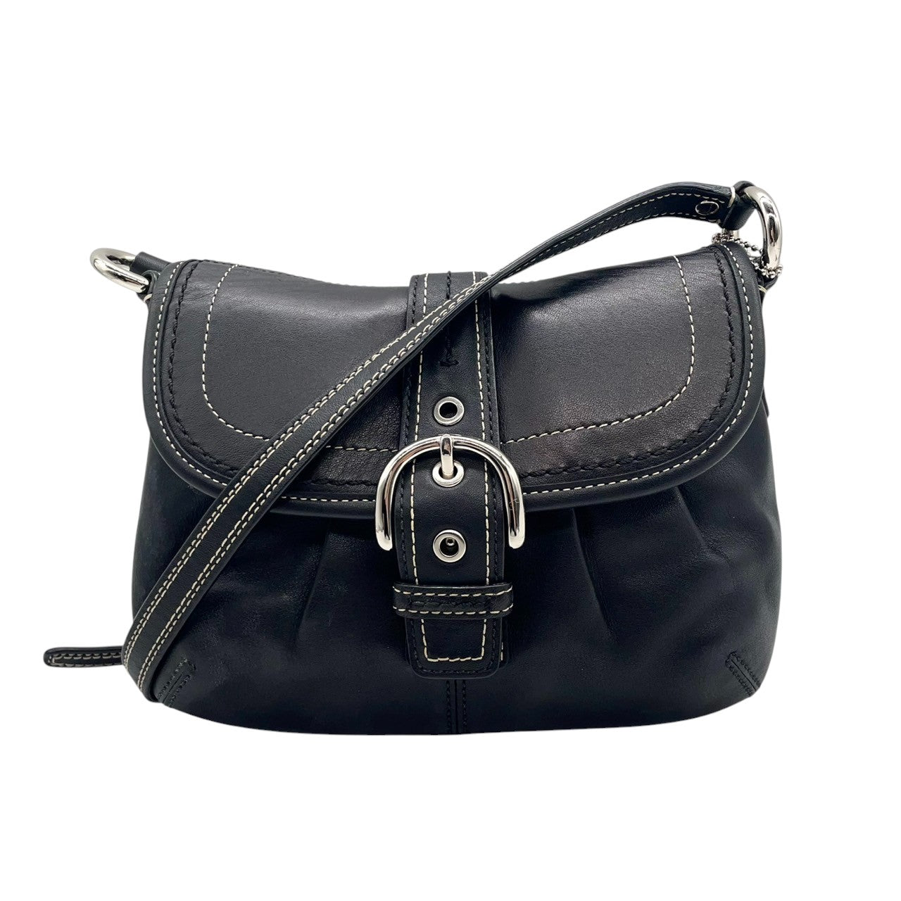 【COACH】コーチ ソーホー ショルダーバッグ ワンショルダー 斜め掛け可 F15077 フラップ 本革 レザー ブラック 黒 ステッチデザイン レディース エレガント カジュアル クラシック 定番人気モデル クリーニング済み u12