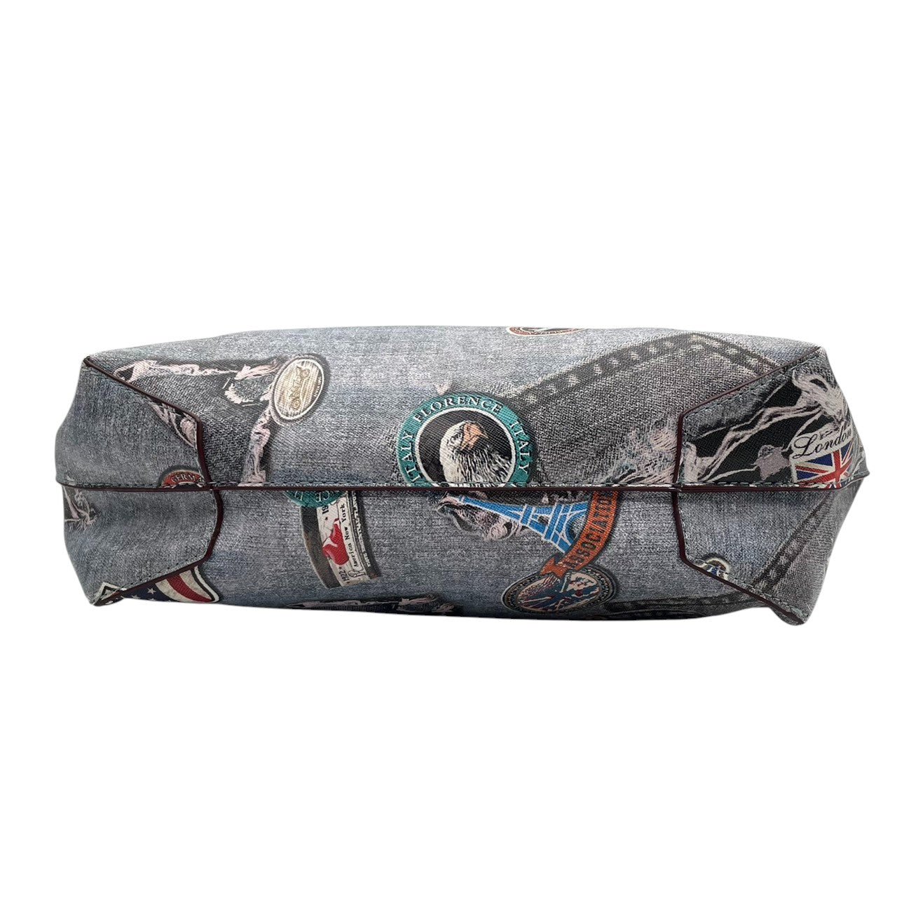 【A4収納可】デザイン トートバッグ ワンショルダー 大容量 PVC レザー デニム柄 トロンプルイユ だまし絵 ワッペン パッチワーク風 グレー シルバー系 レディース カジュアル 個性的 通勤通学 人気モデル クリーニング済み u12