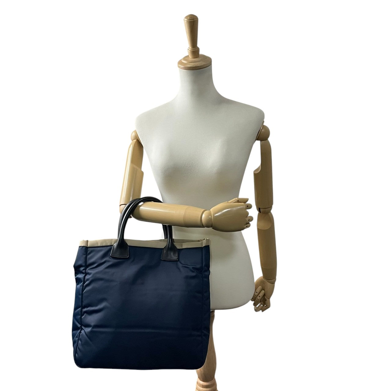 SAZABY サザビー トートバッグ ハンドバッグ A4収納可 大容量 軽量 ナイロン レザーハンドル バイカラー ネイビー ベージュ レディース メンズ ユニセックス ビジネス 通勤通学 人気モデル クリーニング済み s1