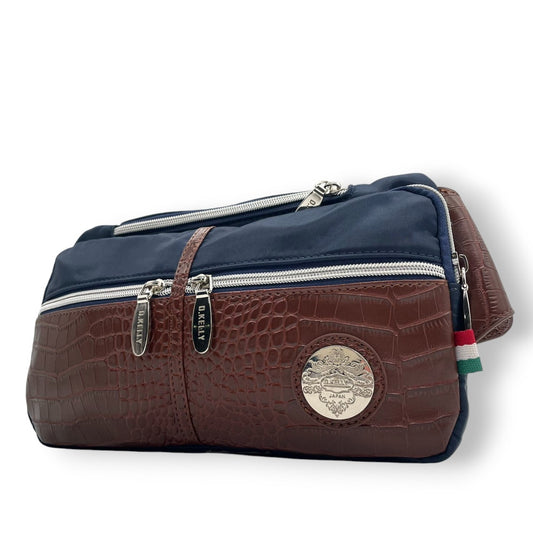 【美品】D.KELLY ディーケリー ボディバッグ ウエストバッグ スリングバッグ ワンショルダー 斜め掛け 型押しレザー ナイロン バイカラー ネイビー ブラウン メンズ レディース ユニセックス 軽量 スタイリッシュ 人気モデル クリーニング済み s1