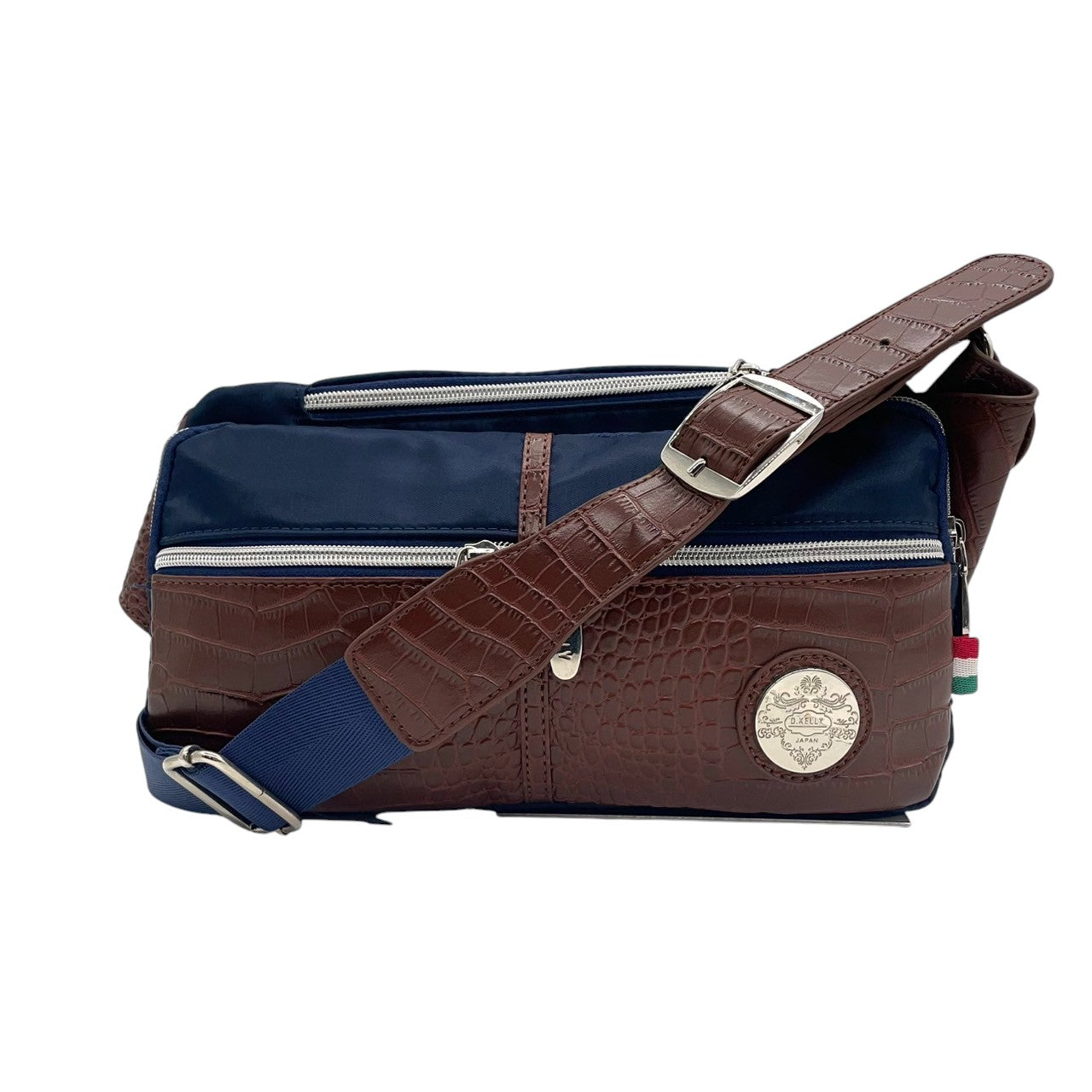【美品】D.KELLY ディーケリー ボディバッグ ウエストバッグ スリングバッグ ワンショルダー 斜め掛け 型押しレザー ナイロン バイカラー ネイビー ブラウン メンズ レディース ユニセックス 軽量 スタイリッシュ 人気モデル クリーニング済み s1
