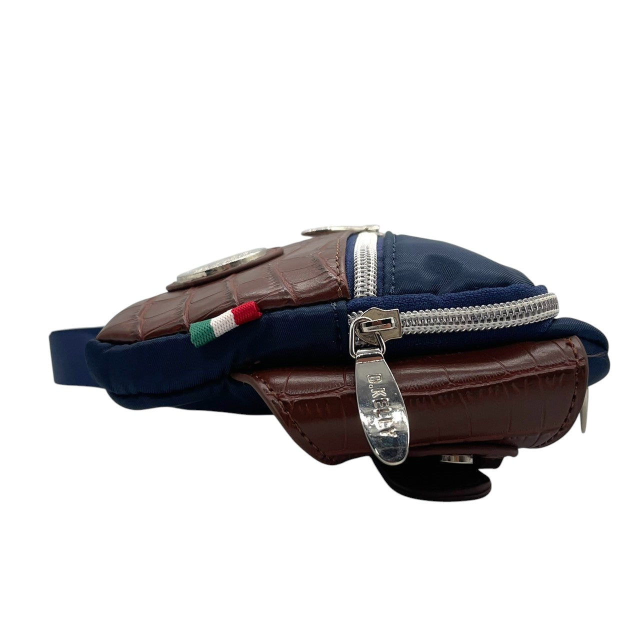 【美品】D.KELLY ディーケリー ボディバッグ ウエストバッグ スリングバッグ ワンショルダー 斜め掛け 型押しレザー ナイロン バイカラー ネイビー ブラウン メンズ レディース ユニセックス 軽量 スタイリッシュ 人気モデル クリーニング済み s1