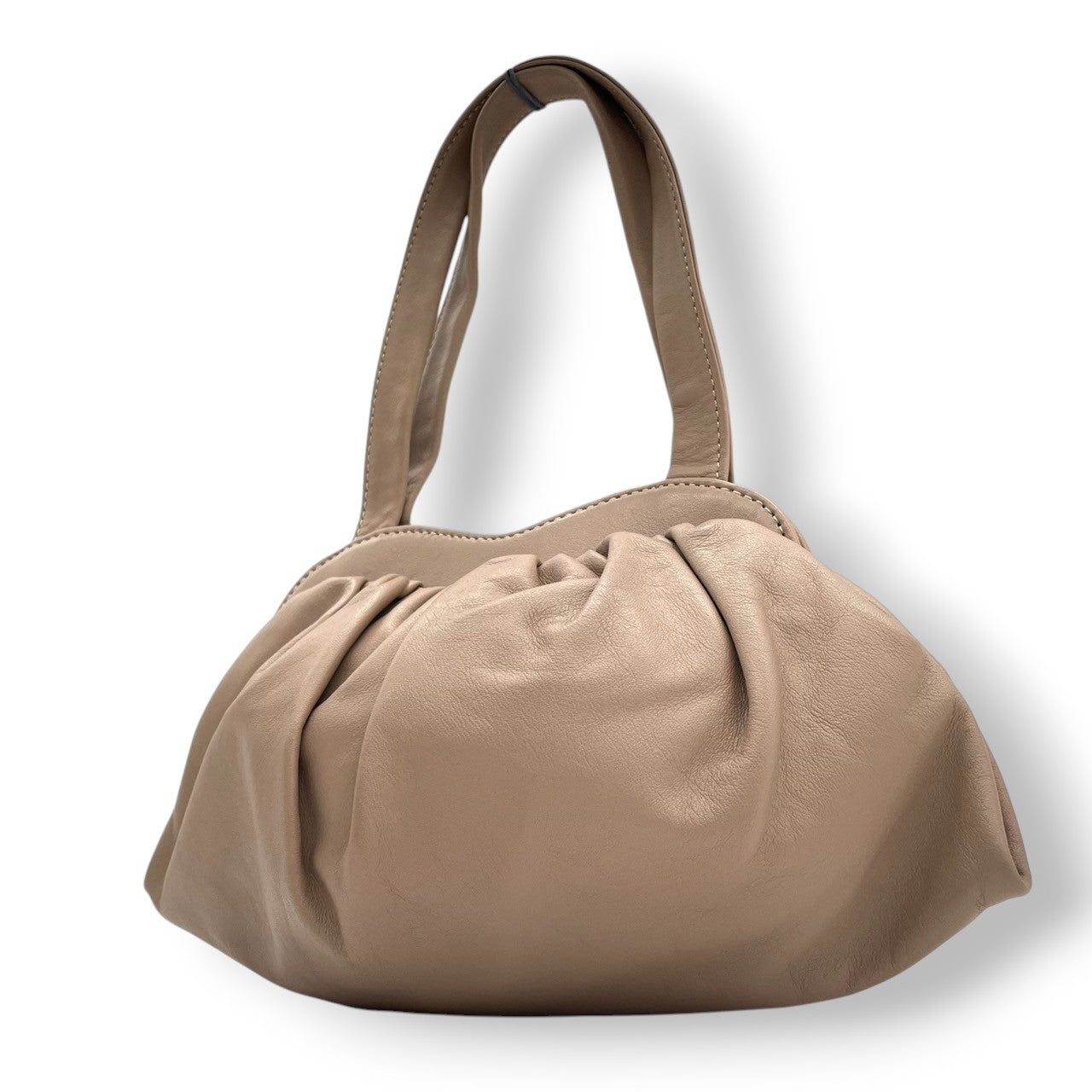 【美品】BALMAIN バルマン ハンドバッグ ワンショルダー ギャザー ポーチバッグ 本革 レザー グレージュ ベージュ系 レディース エレガント フェミニン 上品 モダン フランスブランド 人気モデル クリーニング済み s1